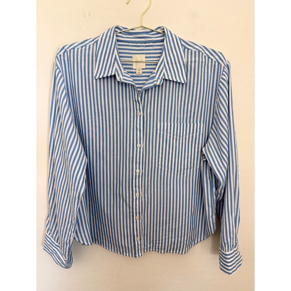 Maeve Anthropologie Blue White Striped Cotton Button Down Preppy Shirt Womens M